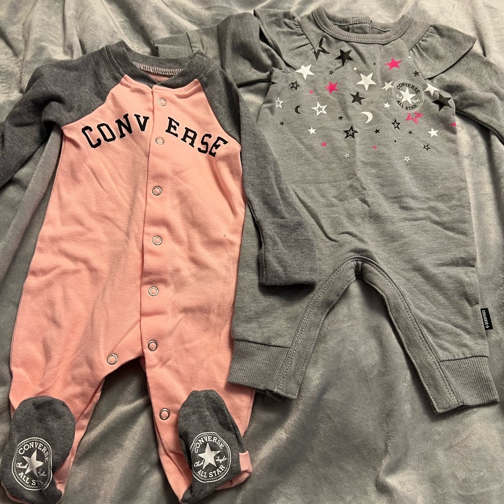 2 pc nwot newborn converse baby girl romper and sleeper pink and grey
